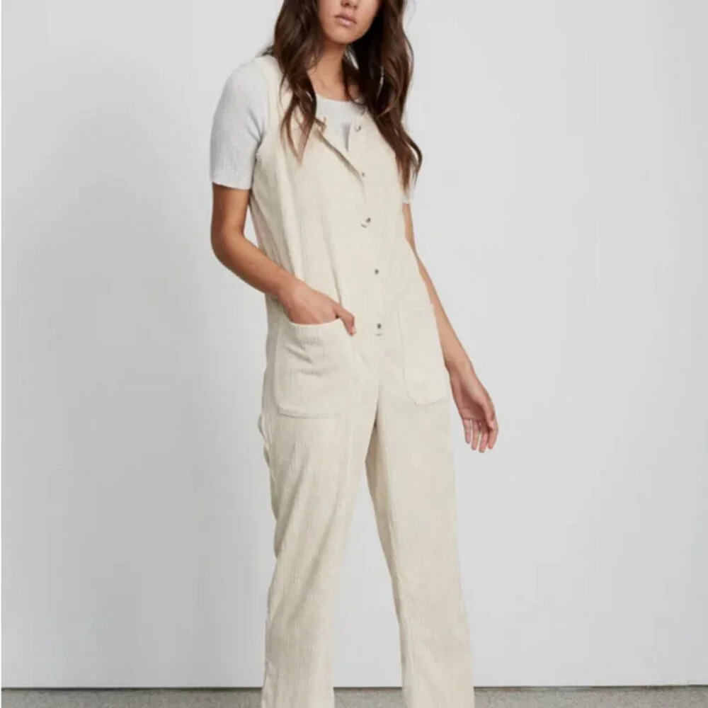 Little Lies Sleeveless Corduroy Jumpsuit, Size Small, Cream, Buttons, Pockets
